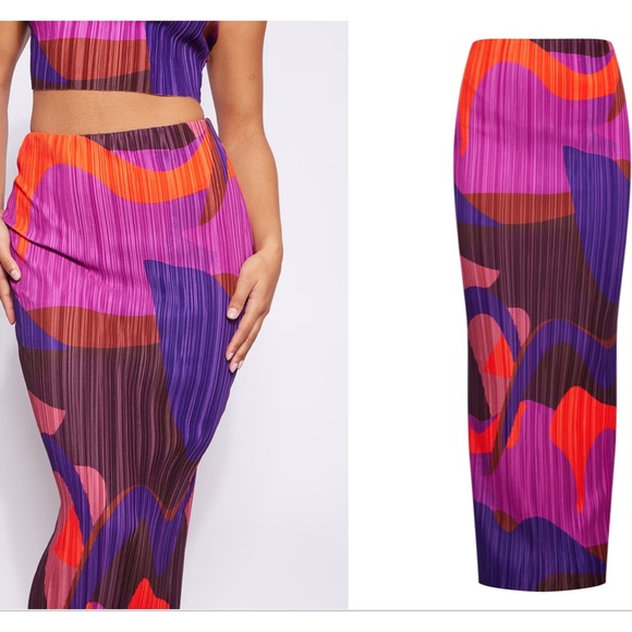 PrettyLittleThing Purple Orange Brown Print Plisse Maxi Skirt 10 - Picture 3 of 10